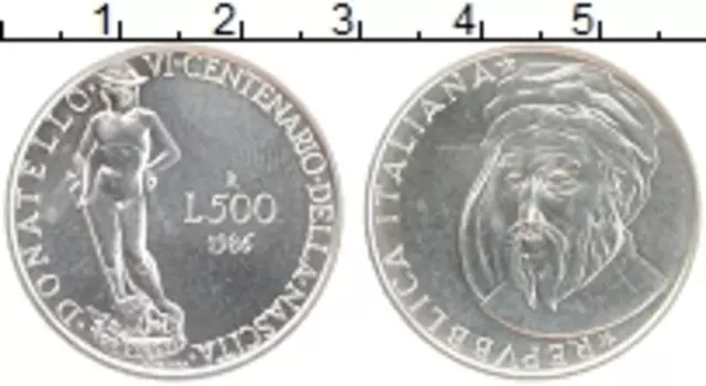 Монета 500 лир Италии 1986 года Серебро 600 лет со дня рождения Донателло