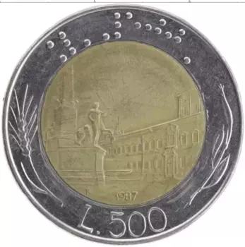 Монета 500 лир Италии 1987 года Биметалл