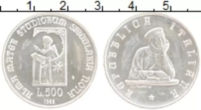Монета 500 лир Италии 1988 года Серебро 900 лет Болонского университета
