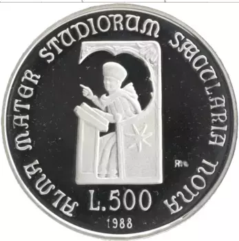 Монета 500 лир Италии 1988 года Серебро 900 лет Болонскому университету