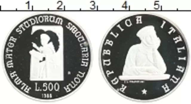 Монета 500 лир Италии 1988 года Серебро 900 лет университету в Болонье