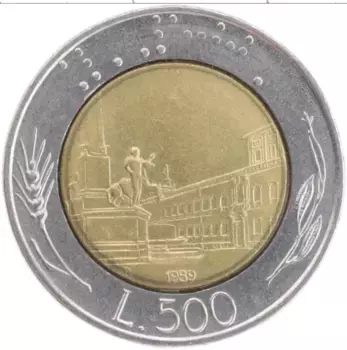 Монета 500 лир Италии 1989 года Биметалл
