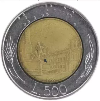 Монета 500 лир Италии 1989 года Биметалл