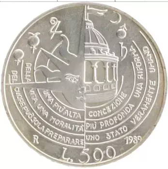 Монета 500 лир Италии 1989 года Серебро 350 лет со дня смерти Томмазо Кампанелла
