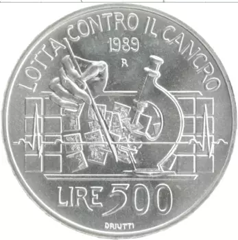 Монета 500 лир Италии 1989 года Серебро Международный союз по борьбе с раком