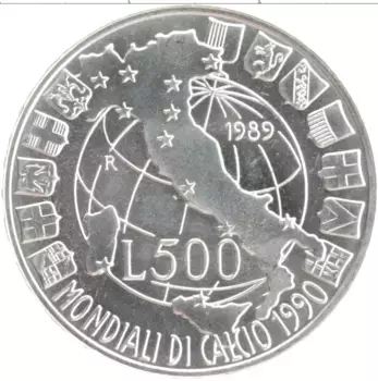 Монета 500 лир Италии 1989 года Серебро Чемпионат Мира по футболу