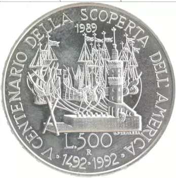 Монета 500 лир Италии 1989 года Серебро 500 лет открытия Америки
