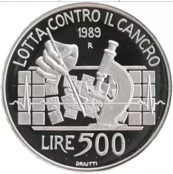 Монета 500 лир Италии 1989 года Серебро Международный союз по борьбе с раком
