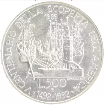 Монета 500 лир Италии 1989 года Серебро 500 лет открытия Америки