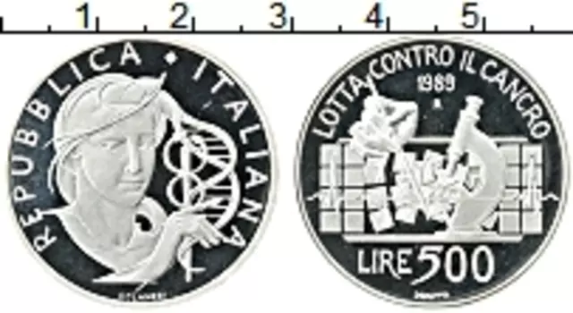 Монета 500 лир Италии 1989 года Серебро Борьба против рака