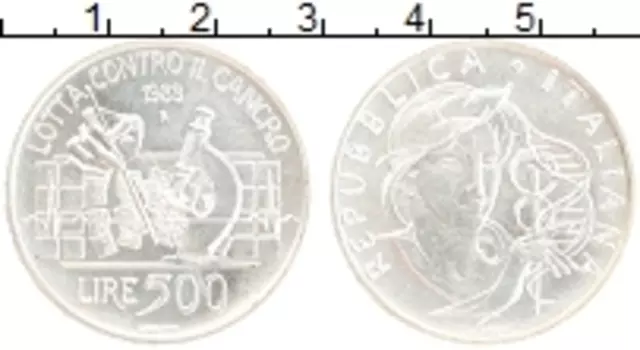 Монета 500 лир Италии 1989 года Серебро Борьба с раком