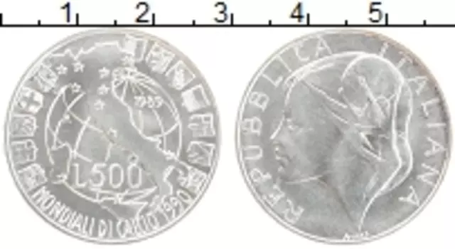 Монета 500 лир Италии 1989 года Серебро Чемпионат мира по футболу