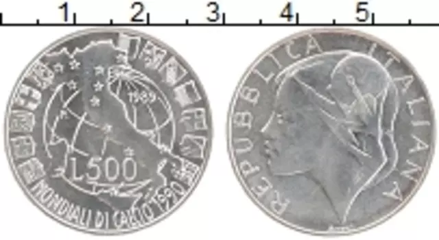 Монета 500 лир Италии 1989 года Серебро Чемпионат мира по футболу в Италии