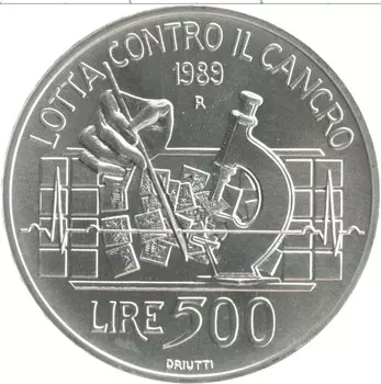 Монета 500 лир Италии 1989 года Серебро Международный союз по борьбе с раком