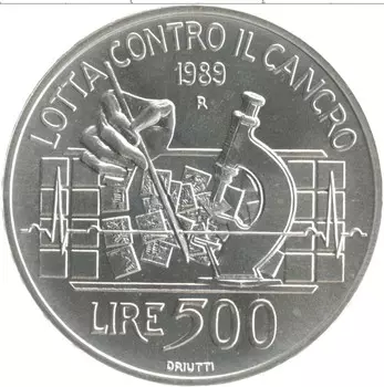 Монета 500 лир Италии 1989 года Серебро Международный союз по борьбе с раком