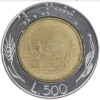 Монета 500 лир Италии 1990 года Биметалл