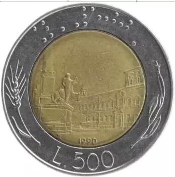 Монета 500 лир Италии 1990 года Биметалл