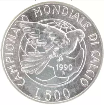 Монета 500 лир Италии 1990 года Серебро Чемпионат Мира по футболу