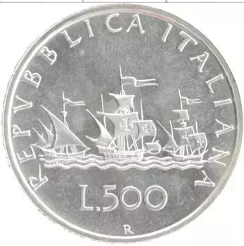 Монета 500 лир Италии 1990 года Серебро Корабли Колумба