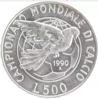 Монета 500 лир Италии 1990 года Серебро Чемпионат мира по футболу