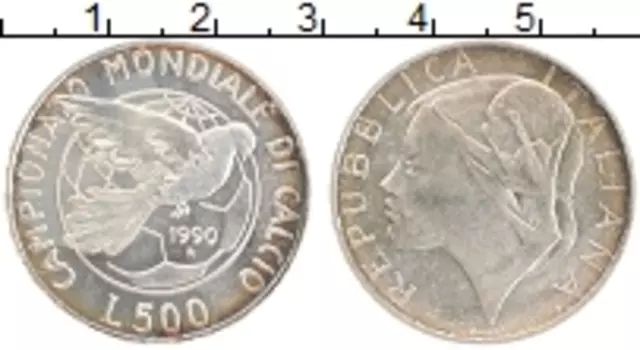 Монета 500 лир Италии 1990 года Серебро Чемпионат мира по футболу 90