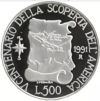 Монета 500 лир Италии 1991 года Серебро 500-летие открытия Америки