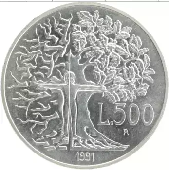 Монета 500 лир Италии 1991 года Серебро Итальянская Флора и Фауна