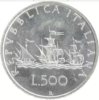 Монета 500 лир Италии 1991 года Серебро Корабли Колумба