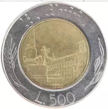 Монета 500 лир Италии 1992 года Биметалл