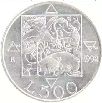 Монета 500 лир Италии 1992 года Серебро Флора и фауна Италии