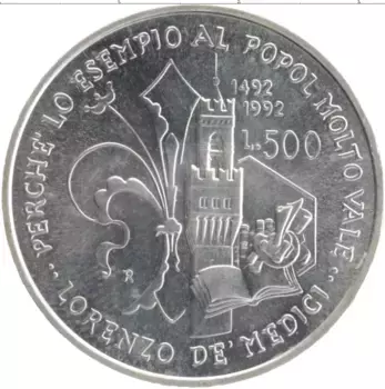 Монета 500 лир Италии 1992 года Серебро Лоренцо Медичи