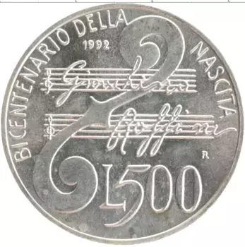 Монета 500 лир Италии 1992 года Серебро 200 лет со дня рождения Джоаккино Антонио Россини