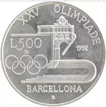 Монета 500 лир Италии 1992 года Серебро XXV Летние Олимпийские игры, Барселона 1992