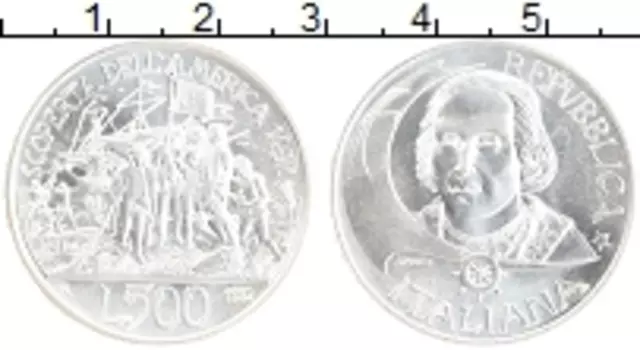 Монета 500 лир Италии 1992 года Серебро 500 лет открытия Америки