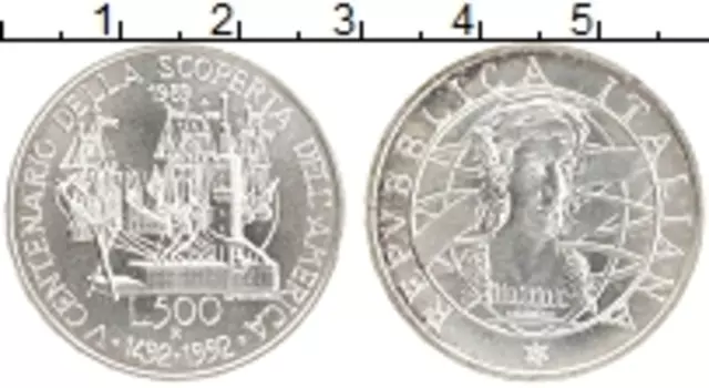 Монета 500 лир Италии 1992 года Серебро 500 лет открытия Америки