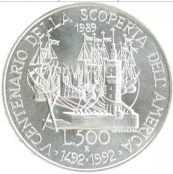 Монета 500 лир Италии 1992 года Серебро 500 лет открытия Америки