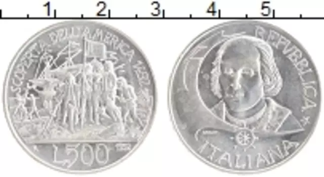 Монета 500 лир Италии 1992 года Серебро 500 лет открытия Америки Христофором Колумбом