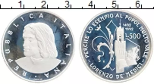 Монета 500 лир Италии 1992 года Серебро 500 лет со дня смерти Лоренцо Медичи
