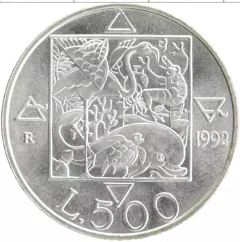 Монета 500 лир Италии 1992 года Серебро Флора и фауна