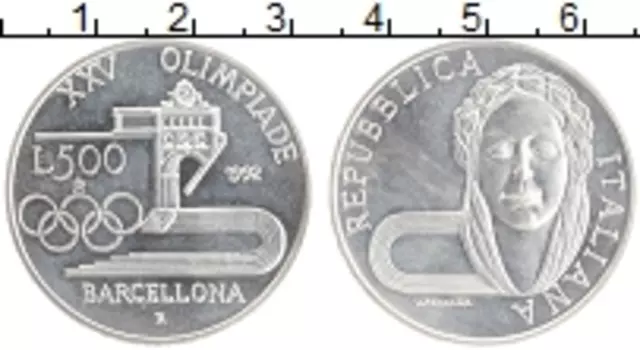 Монета 500 лир Италии 1992 года Серебро Олимпиада в Барселоне