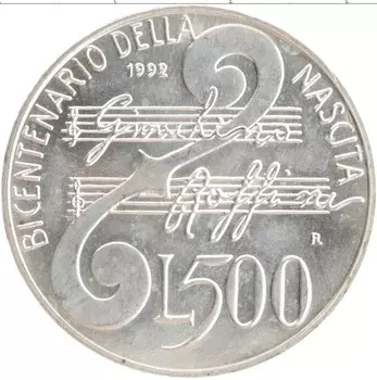 Монета 500 лир Италии 1992 года Серебро Россини