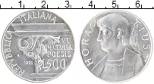 Монета 500 лир Италии 1993 года Серебро 2000 лет со дня смерти Горация