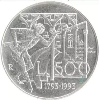 Монета 500 лир Италии 1993 года Серебро 200 лет со дня смерти Карло Гольдони