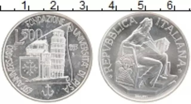 Монета 500 лир Италии 1993 года Серебро 650 лет университета в Пизе
