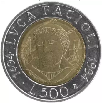Монета 500 лир Италии 1994 года Биметалл 500 лет публикации Луки Пачоли