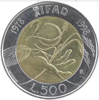 Монета 500 лир Италии 1998 года Биметалл 20 лет IFAD