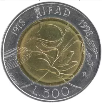 Монета 500 лир Италии 1998 года Биметалл 20 лет IFAD