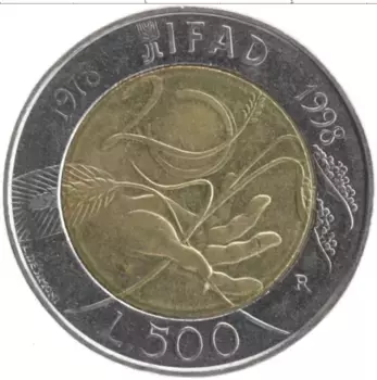 Монета 500 лир Италии 1998 года Биметалл 20 лет IFAD