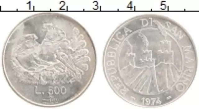 Монета 500 лир Сан-Марино 1974 года Серебро Голуби