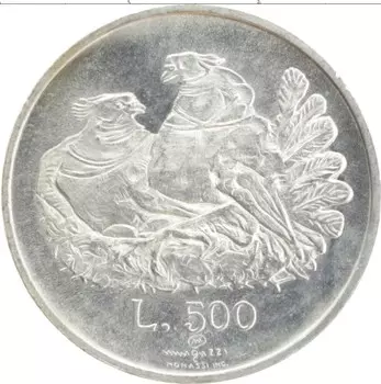 Монета 500 лир Сан-Марино 1974 года Серебро Птицы